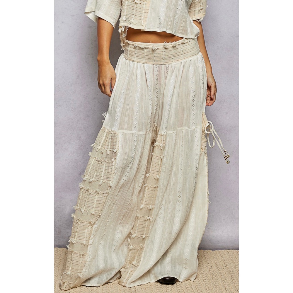 POL Bohemian Wide Leg Cotton Pants Pearl Shell Trim Cream Textured Relaxed NEW L - Picture 2 of 7